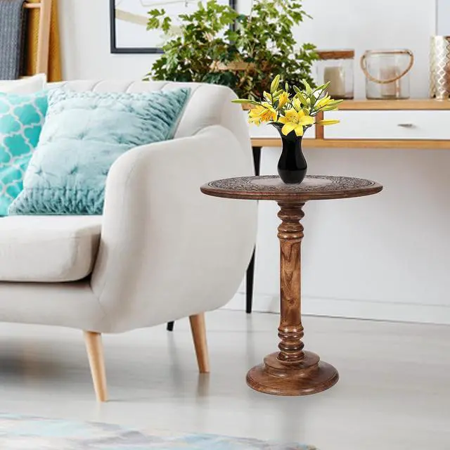 Alt view image 5 of 7 - Lightnpro Hand-Carved Wooden Round Table, Pillar Design for Living Room, Bedroom & Hallway  End, Altar & Farmhouse Coffee Table  18" Round Top x 22" High  Burnt Finish