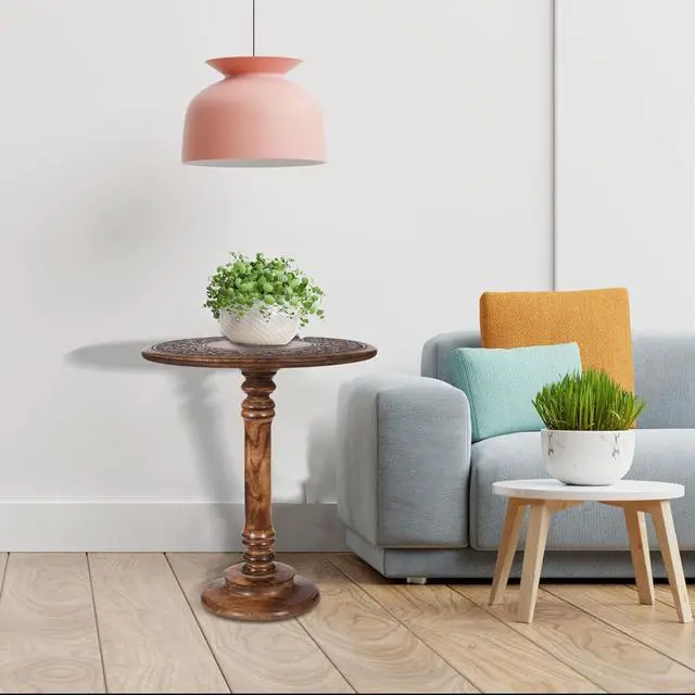 Alt view image 7 of 7 - Lightnpro Hand-Carved Wooden Round Table, Pillar Design for Living Room, Bedroom & Hallway  End, Altar & Farmhouse Coffee Table  18" Round Top x 22" High  Burnt Finish