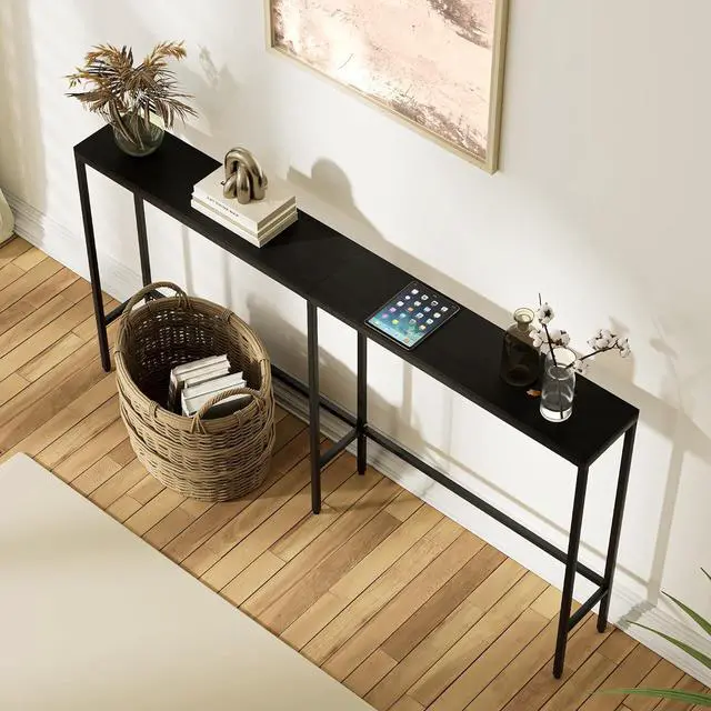 Alt view image 4 of 7 - 63" Console Table,Modern Narrow Long Sofa Table Behind Couch,Skinny Entry Table with Black Metal Frame for Living Room, Hallway,Classic Black