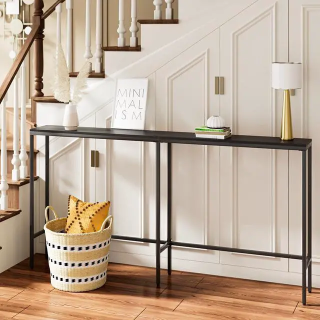Alt view image 5 of 7 - 63" Console Table,Modern Narrow Long Sofa Table Behind Couch,Skinny Entry Table with Black Metal Frame for Living Room, Hallway,Classic Black