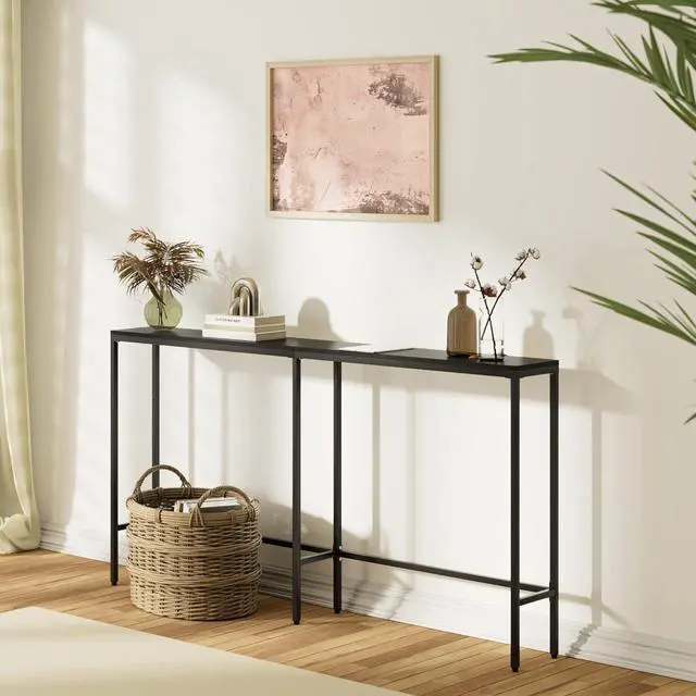 Alt view image 6 of 7 - 63" Console Table,Modern Narrow Long Sofa Table Behind Couch,Skinny Entry Table with Black Metal Frame for Living Room, Hallway,Classic Black