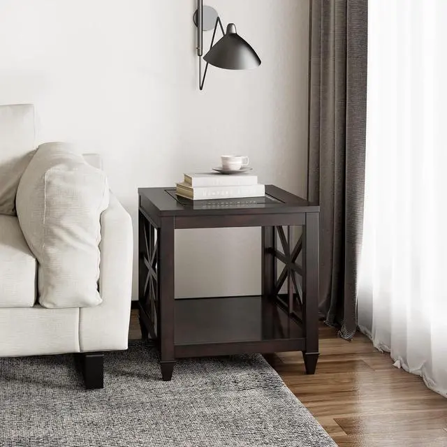 Main image of Farmhouse End Table Living Room, Furniture Solid Wood Square Large Side Tables with Storage Chairside Coffee Table Tempered Glass Top Design Industrial Vintage Walnut