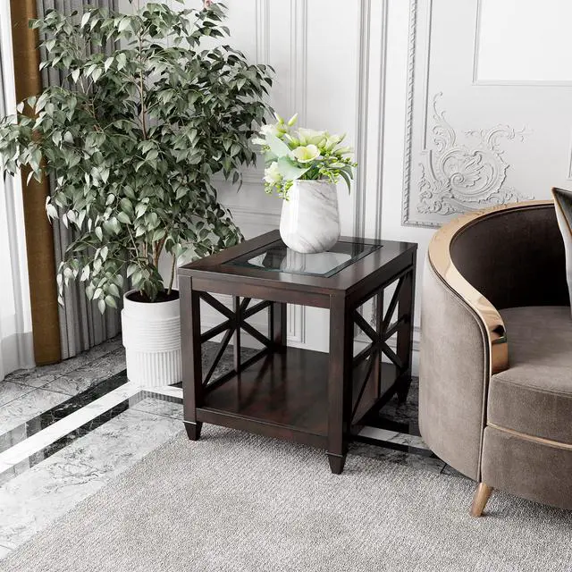 Alt view image 2 of 6 - Farmhouse End Table Living Room, Furniture Solid Wood Square Large Side Tables with Storage Chairside Coffee Table Tempered Glass Top Design Industrial Vintage Walnut