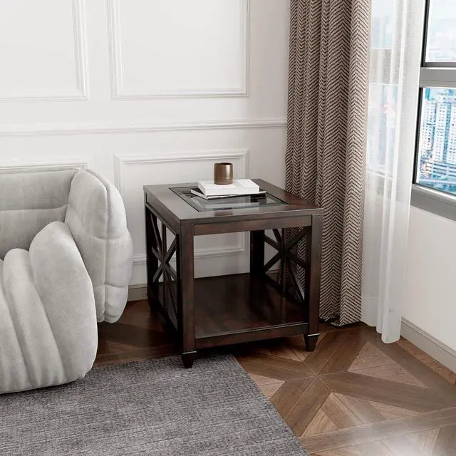 Alt view image 3 of 6 - Farmhouse End Table Living Room, Furniture Solid Wood Square Large Side Tables with Storage Chairside Coffee Table Tempered Glass Top Design Industrial Vintage Walnut