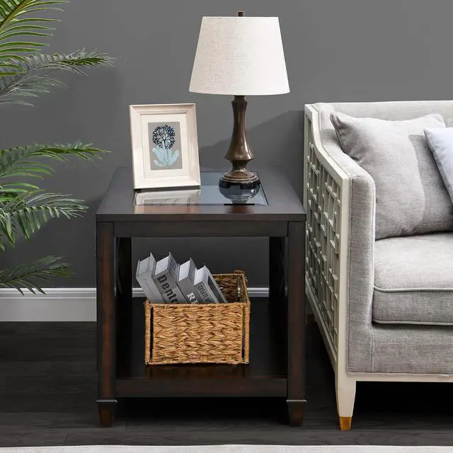 Alt view image 5 of 6 - Farmhouse End Table Living Room, Furniture Solid Wood Square Large Side Tables with Storage Chairside Coffee Table Tempered Glass Top Design Industrial Vintage Walnut