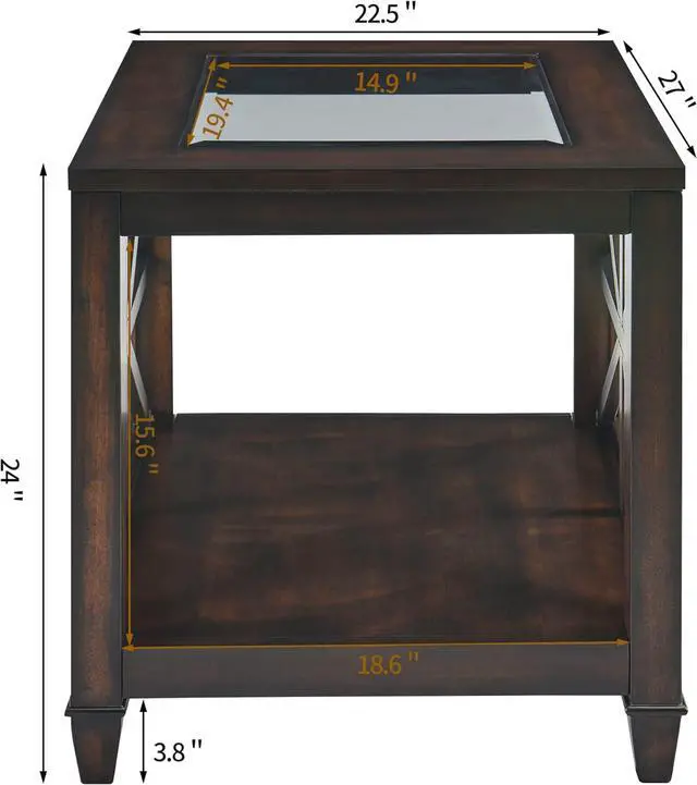 Alt view image 6 of 6 - Farmhouse End Table Living Room, Furniture Solid Wood Square Large Side Tables with Storage Chairside Coffee Table Tempered Glass Top Design Industrial Vintage Walnut