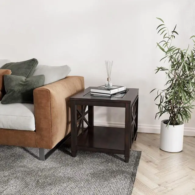 Alt view image 4 of 6 - Farmhouse End Table Living Room, Furniture Solid Wood Square Large Side Tables with Storage Chairside Coffee Table Tempered Glass Top Design Industrial Vintage Walnut