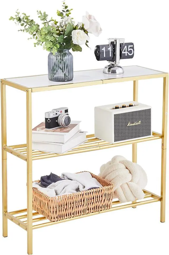 Main image of Wimarsbon 29.5" Narrow Console Table, 3-Tier Entryway Table, Thin Sofa Table with Shelves, Metal Frame, Side Table, Display Table, for Hallway, Entrance, Living Room, Bedroom (Gold Frame White)
