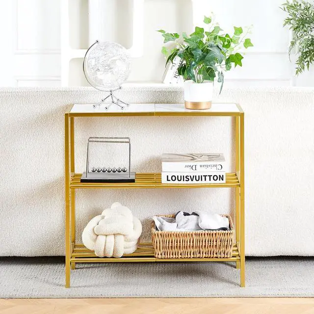 Alt view image 2 of 7 - Wimarsbon 29.5" Narrow Console Table, 3-Tier Entryway Table, Thin Sofa Table with Shelves, Metal Frame, Side Table, Display Table, for Hallway, Entrance, Living Room, Bedroom (Gold Frame White)