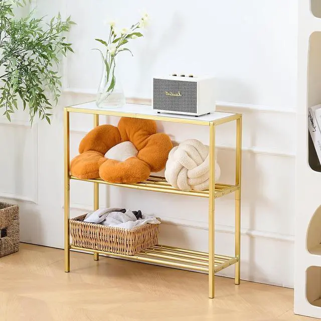 Alt view image 5 of 7 - Wimarsbon 29.5" Narrow Console Table, 3-Tier Entryway Table, Thin Sofa Table with Shelves, Metal Frame, Side Table, Display Table, for Hallway, Entrance, Living Room, Bedroom (Gold Frame White)