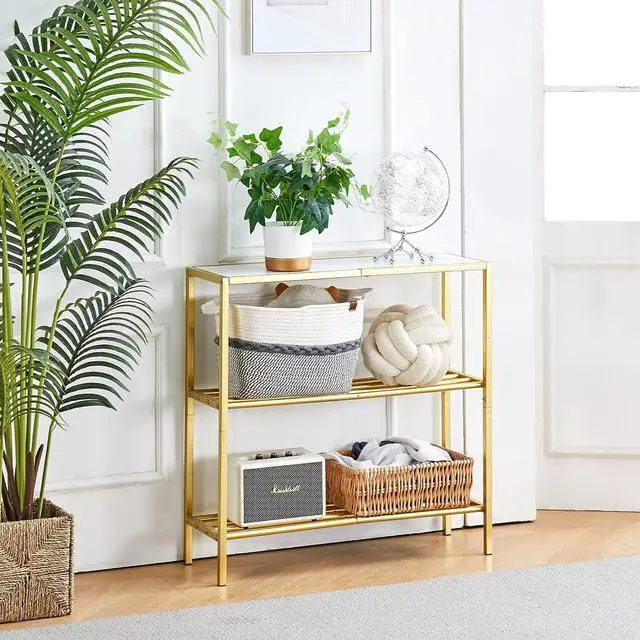 Alt view image 4 of 7 - Wimarsbon 29.5" Narrow Console Table, 3-Tier Entryway Table, Thin Sofa Table with Shelves, Metal Frame, Side Table, Display Table, for Hallway, Entrance, Living Room, Bedroom (Gold Frame White)