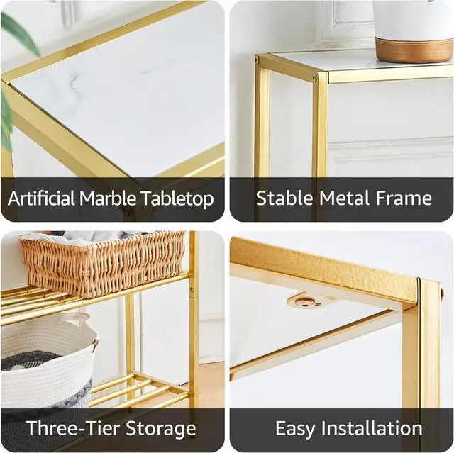 Alt view image 7 of 7 - Wimarsbon 29.5" Narrow Console Table, 3-Tier Entryway Table, Thin Sofa Table with Shelves, Metal Frame, Side Table, Display Table, for Hallway, Entrance, Living Room, Bedroom (Gold Frame White)