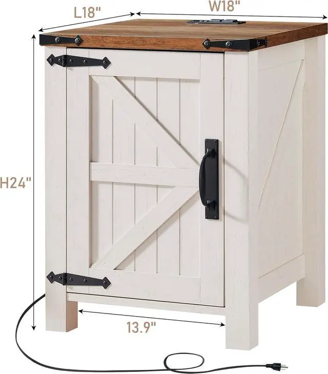 Alt view image 6 of 6 - OKD Nightstand with Charging Station, 18 Inch Farmhouse End Table with Barn Door and Adjustable Storage Shelf, Rustic Wood Sofa Side Table w/Magnetic Door for Living Room, Bedroom, Antique White
