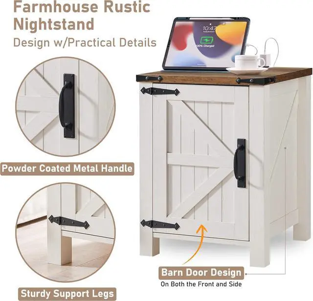 Alt view image 4 of 6 - OKD Nightstand with Charging Station, 18 Inch Farmhouse End Table with Barn Door and Adjustable Storage Shelf, Rustic Wood Sofa Side Table w/Magnetic Door for Living Room, Bedroom, Antique White
