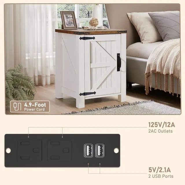Alt view image 5 of 6 - OKD Nightstand with Charging Station, 18 Inch Farmhouse End Table with Barn Door and Adjustable Storage Shelf, Rustic Wood Sofa Side Table w/Magnetic Door for Living Room, Bedroom, Antique White