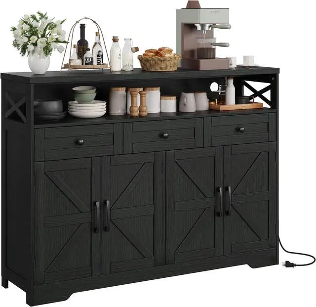 Main image of 52" L Modern Farmhouse Sideboard Buffet Cabinet, Black Storage Cabinet with Drawers & Shelves, Kitchen Pantry Hutch Cabinet, Coffee Bar Station Table for Living Room, Dining Room, Entryway