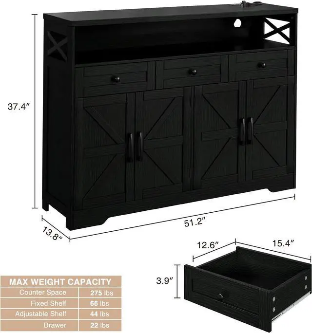 Alt view image 3 of 7 - 52" L Modern Farmhouse Sideboard Buffet Cabinet, Black Storage Cabinet with Drawers & Shelves, Kitchen Pantry Hutch Cabinet, Coffee Bar Station Table for Living Room, Dining Room, Entryway
