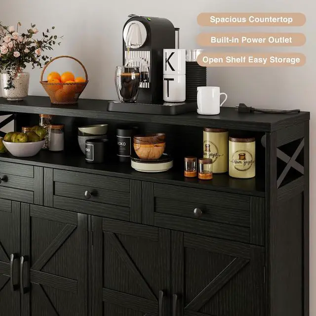 Alt view image 4 of 7 - 52" L Modern Farmhouse Sideboard Buffet Cabinet, Black Storage Cabinet with Drawers & Shelves, Kitchen Pantry Hutch Cabinet, Coffee Bar Station Table for Living Room, Dining Room, Entryway