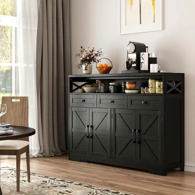 Alt view image 2 of 7 - 52" L Modern Farmhouse Sideboard Buffet Cabinet, Black Storage Cabinet with Drawers & Shelves, Kitchen Pantry Hutch Cabinet, Coffee Bar Station Table for Living Room, Dining Room, Entryway