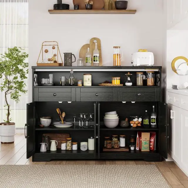 Alt view image 6 of 7 - 52" L Modern Farmhouse Sideboard Buffet Cabinet, Black Storage Cabinet with Drawers & Shelves, Kitchen Pantry Hutch Cabinet, Coffee Bar Station Table for Living Room, Dining Room, Entryway