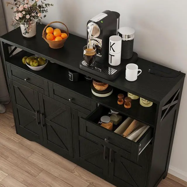Alt view image 7 of 7 - 52" L Modern Farmhouse Sideboard Buffet Cabinet, Black Storage Cabinet with Drawers & Shelves, Kitchen Pantry Hutch Cabinet, Coffee Bar Station Table for Living Room, Dining Room, Entryway
