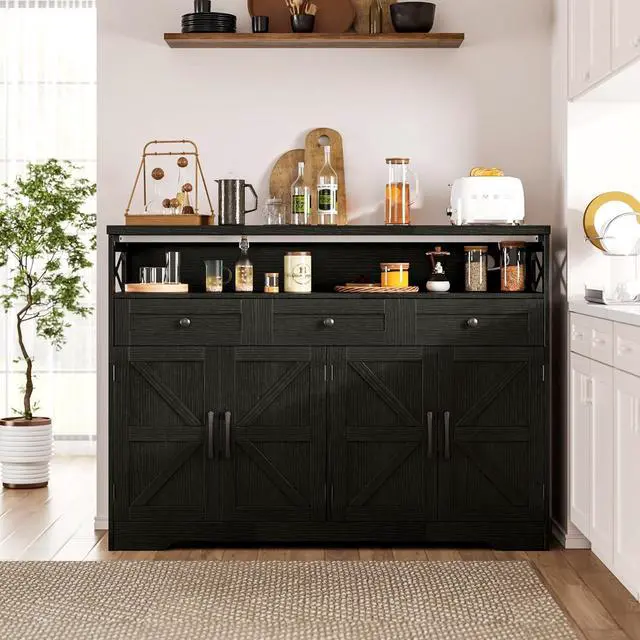 Alt view image 5 of 7 - 52" L Modern Farmhouse Sideboard Buffet Cabinet, Black Storage Cabinet with Drawers & Shelves, Kitchen Pantry Hutch Cabinet, Coffee Bar Station Table for Living Room, Dining Room, Entryway