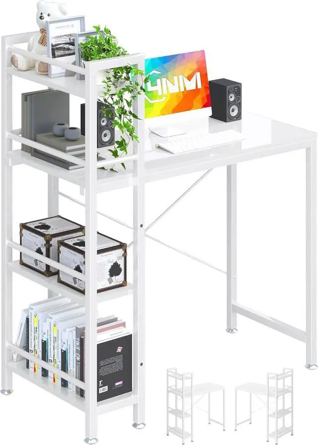 Main image of 4NM 35" Small Computer Desk with 4-Tier Bookshelf, Home Office Desk Writing Workstation Study Table Multipurpose for Small Space Work - All White