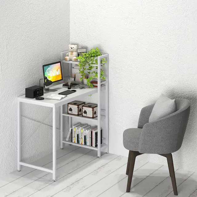 Alt view image 2 of 7 - 4NM 35" Small Computer Desk with 4-Tier Bookshelf, Home Office Desk Writing Workstation Study Table Multipurpose for Small Space Work - All White