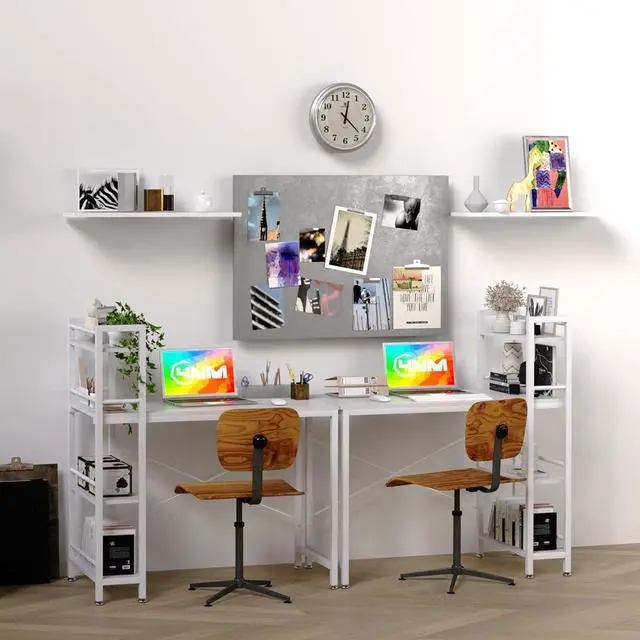 Alt view image 5 of 7 - 4NM 35" Small Computer Desk with 4-Tier Bookshelf, Home Office Desk Writing Workstation Study Table Multipurpose for Small Space Work - All White