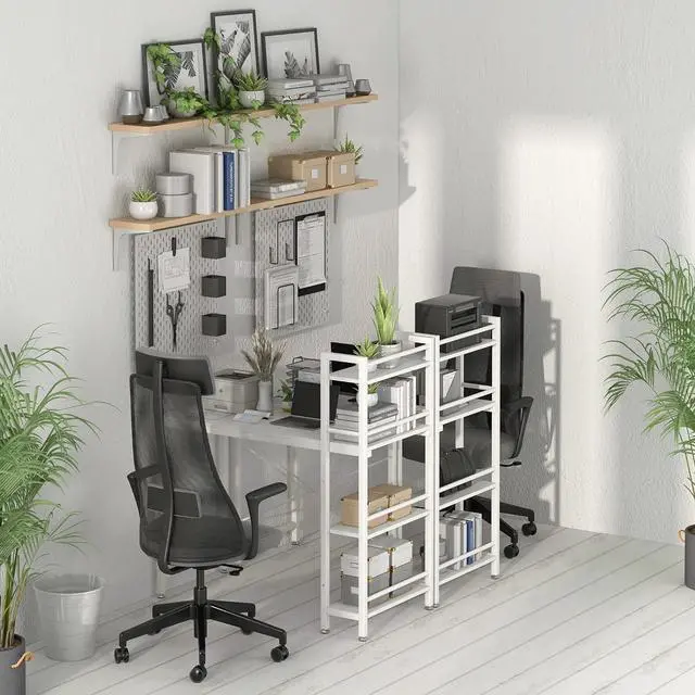 Alt view image 4 of 7 - 4NM 35" Small Computer Desk with 4-Tier Bookshelf, Home Office Desk Writing Workstation Study Table Multipurpose for Small Space Work - All White