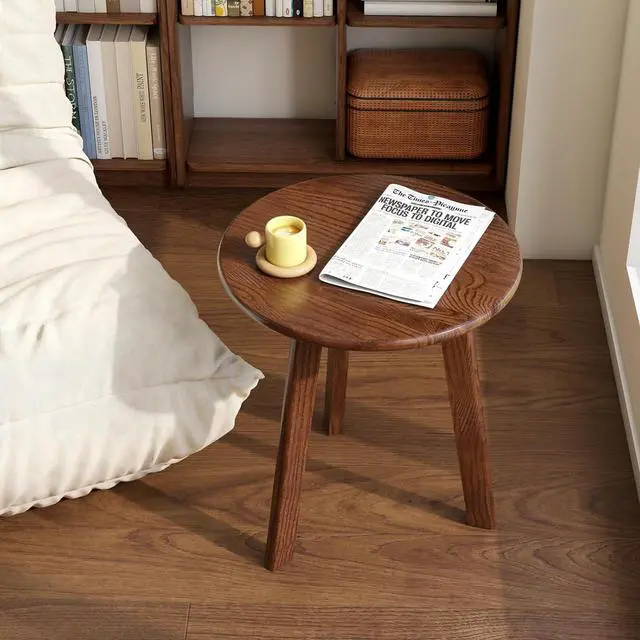 Main image of 100% Solid Oak Small Round Side Table, Small Coffee Table for Small Spaces, Mid Century Living Room End Table with Stable Frame for Bedroom Couch, (Walnut, 17.71" D x 17.71" W x 19.68" H)