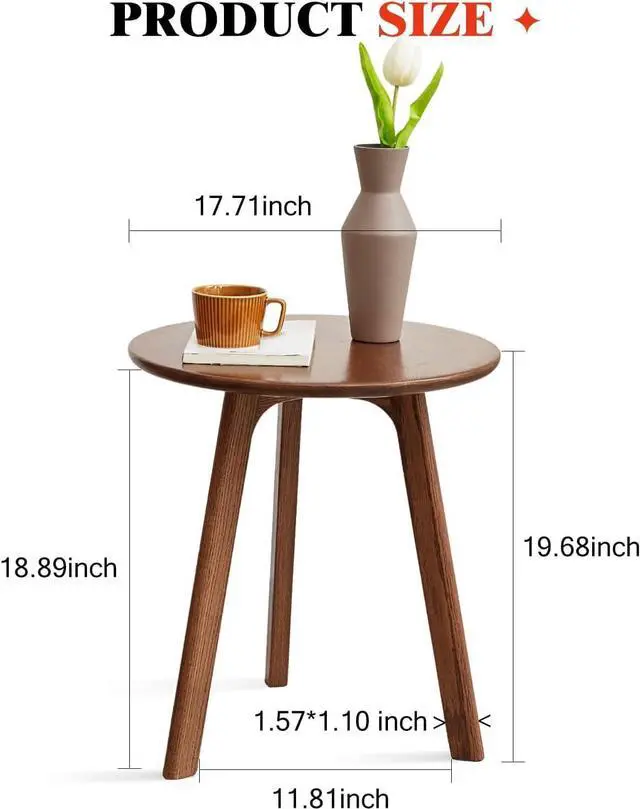 Alt view image 2 of 7 - 100% Solid Oak Small Round Side Table, Small Coffee Table for Small Spaces, Mid Century Living Room End Table with Stable Frame for Bedroom Couch, (Walnut, 17.71" D x 17.71" W x 19.68" H)