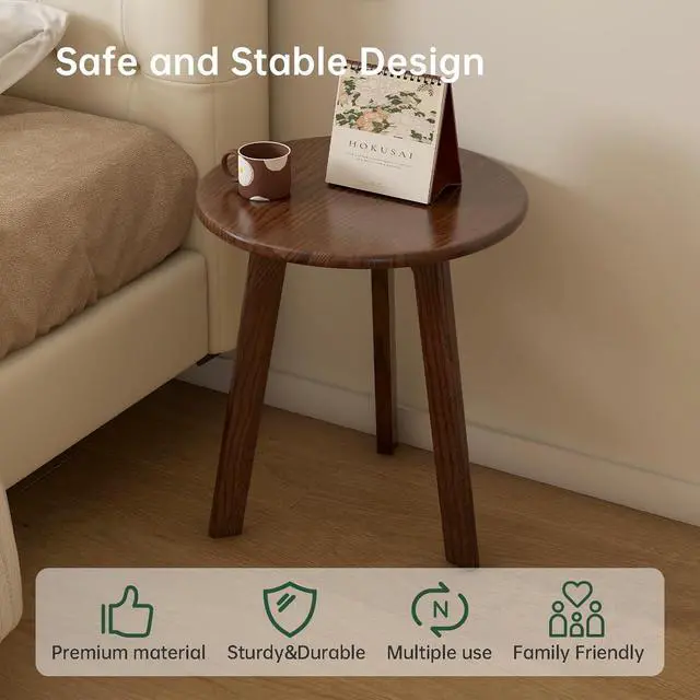 Alt view image 3 of 7 - 100% Solid Oak Small Round Side Table, Small Coffee Table for Small Spaces, Mid Century Living Room End Table with Stable Frame for Bedroom Couch, (Walnut, 17.71" D x 17.71" W x 19.68" H)