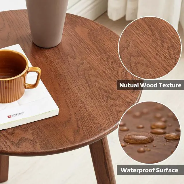 Alt view image 4 of 7 - 100% Solid Oak Small Round Side Table, Small Coffee Table for Small Spaces, Mid Century Living Room End Table with Stable Frame for Bedroom Couch, (Walnut, 17.71" D x 17.71" W x 19.68" H)