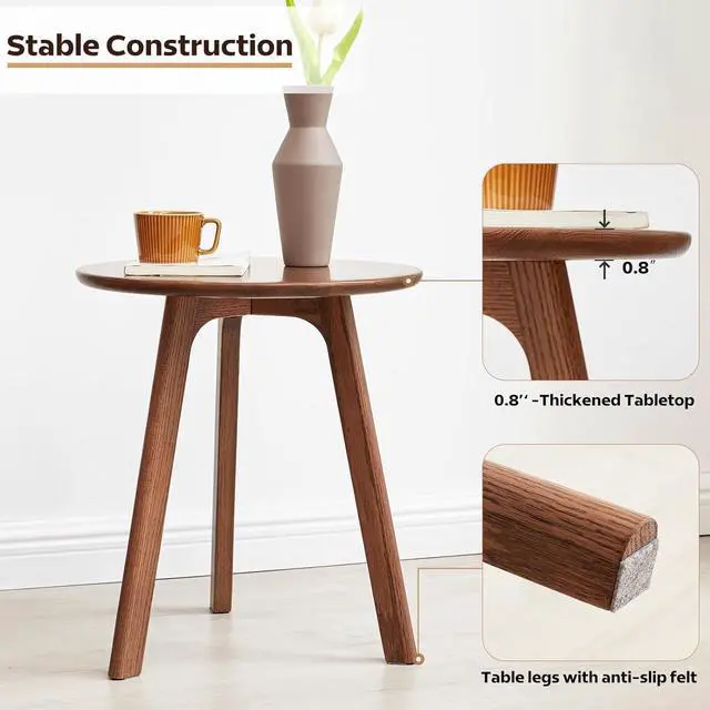 Alt view image 5 of 7 - 100% Solid Oak Small Round Side Table, Small Coffee Table for Small Spaces, Mid Century Living Room End Table with Stable Frame for Bedroom Couch, (Walnut, 17.71" D x 17.71" W x 19.68" H)