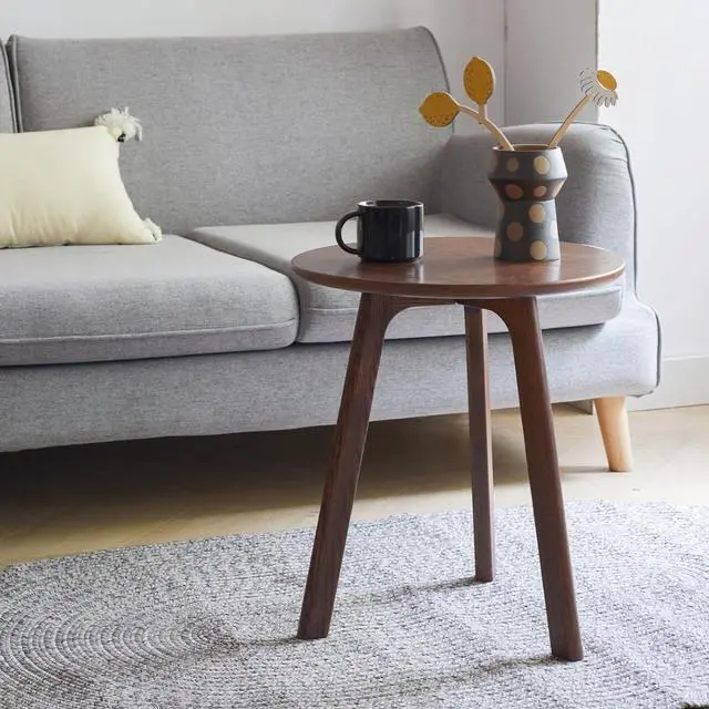 Alt view image 6 of 7 - 100% Solid Oak Small Round Side Table, Small Coffee Table for Small Spaces, Mid Century Living Room End Table with Stable Frame for Bedroom Couch, (Walnut, 17.71" D x 17.71" W x 19.68" H)