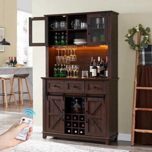Main image of AMERLIFE Coffee Bar Cabinet with Sliding Barn Door, 72'' Farmhouse Kitchen Sideboard, Buffet Storage Table, Wine Glass Racks, 3 Drawers, LED Lights, Tall Hutch Home Bar for Dining Room Brown