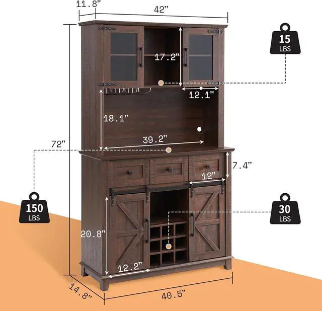 Alt view image 2 of 7 - AMERLIFE Coffee Bar Cabinet with Sliding Barn Door, 72'' Farmhouse Kitchen Sideboard, Buffet Storage Table, Wine Glass Racks, 3 Drawers, LED Lights, Tall Hutch Home Bar for Dining Room Brown