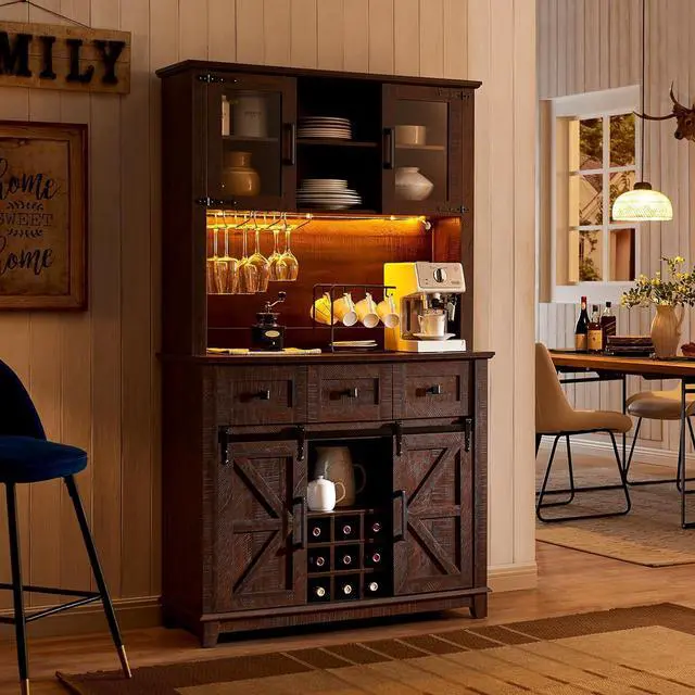 Alt view image 3 of 7 - AMERLIFE Coffee Bar Cabinet with Sliding Barn Door, 72'' Farmhouse Kitchen Sideboard, Buffet Storage Table, Wine Glass Racks, 3 Drawers, LED Lights, Tall Hutch Home Bar for Dining Room Brown