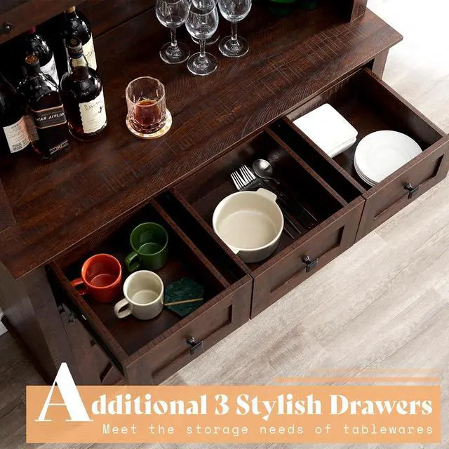 Alt view image 5 of 7 - AMERLIFE Coffee Bar Cabinet with Sliding Barn Door, 72'' Farmhouse Kitchen Sideboard, Buffet Storage Table, Wine Glass Racks, 3 Drawers, LED Lights, Tall Hutch Home Bar for Dining Room Brown