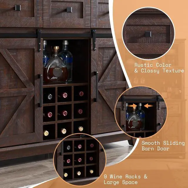 Alt view image 6 of 7 - AMERLIFE Coffee Bar Cabinet with Sliding Barn Door, 72'' Farmhouse Kitchen Sideboard, Buffet Storage Table, Wine Glass Racks, 3 Drawers, LED Lights, Tall Hutch Home Bar for Dining Room Brown