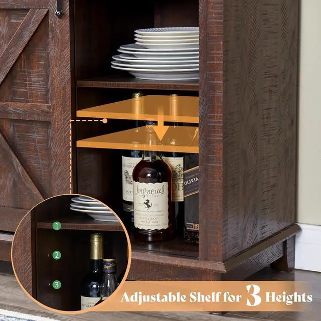 Alt view image 7 of 7 - AMERLIFE Coffee Bar Cabinet with Sliding Barn Door, 72'' Farmhouse Kitchen Sideboard, Buffet Storage Table, Wine Glass Racks, 3 Drawers, LED Lights, Tall Hutch Home Bar for Dining Room Brown
