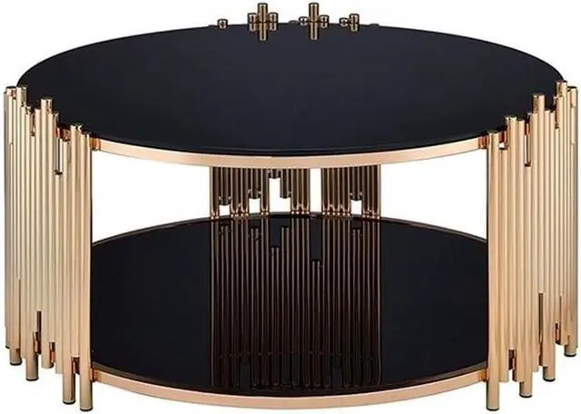 Main image of BOWERY HILL 37" Round Modern Metal & Glass Coffee Table with Gold Rim, Assembly Require, Incredible Quality, for Living Room, in Black & Gold Finish