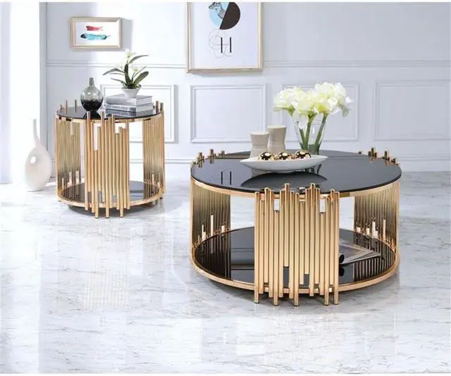 Alt view image 3 of 7 - BOWERY HILL 37" Round Modern Metal & Glass Coffee Table with Gold Rim, Assembly Require, Incredible Quality, for Living Room, in Black & Gold Finish