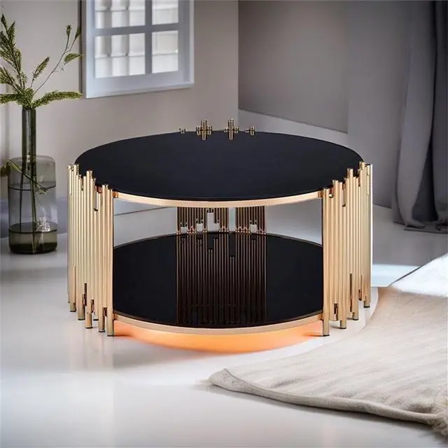 Alt view image 5 of 7 - BOWERY HILL 37" Round Modern Metal & Glass Coffee Table with Gold Rim, Assembly Require, Incredible Quality, for Living Room, in Black & Gold Finish
