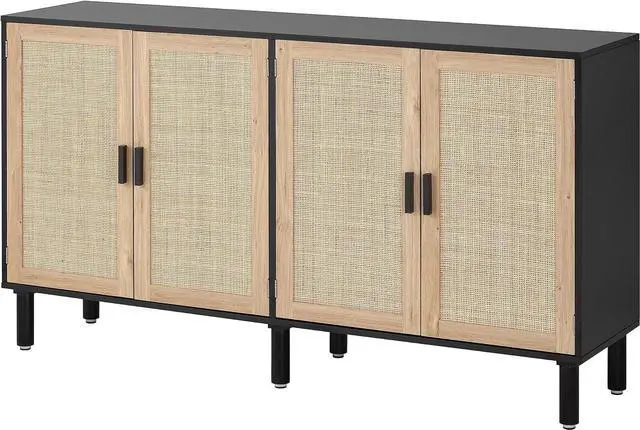 Main image of Finnhomy 4 Door Sideboard Buffet Cabinet, Kitchen Storage Cabinet with Rattan Decorated Doors, Cupboard Console Table, Boho Accent Liquor Cabinet, Bar Cabient, 62.3X 15.7X 34.6 Inches, Black