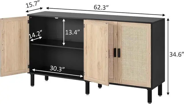 Alt view image 3 of 6 - Finnhomy 4 Door Sideboard Buffet Cabinet, Kitchen Storage Cabinet with Rattan Decorated Doors, Cupboard Console Table, Boho Accent Liquor Cabinet, Bar Cabient, 62.3X 15.7X 34.6 Inches, Black
