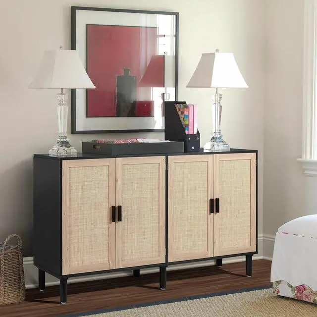 Alt view image 2 of 6 - Finnhomy 4 Door Sideboard Buffet Cabinet, Kitchen Storage Cabinet with Rattan Decorated Doors, Cupboard Console Table, Boho Accent Liquor Cabinet, Bar Cabient, 62.3X 15.7X 34.6 Inches, Black
