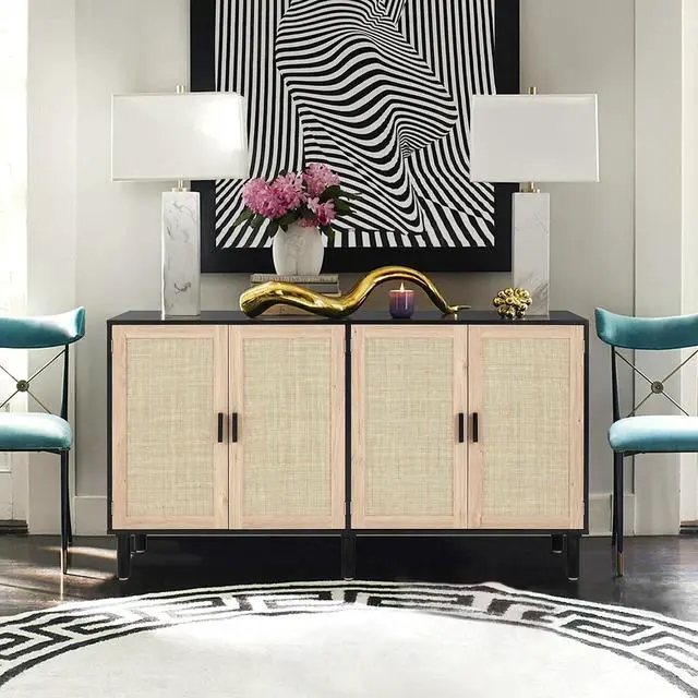 Alt view image 4 of 6 - Finnhomy 4 Door Sideboard Buffet Cabinet, Kitchen Storage Cabinet with Rattan Decorated Doors, Cupboard Console Table, Boho Accent Liquor Cabinet, Bar Cabient, 62.3X 15.7X 34.6 Inches, Black