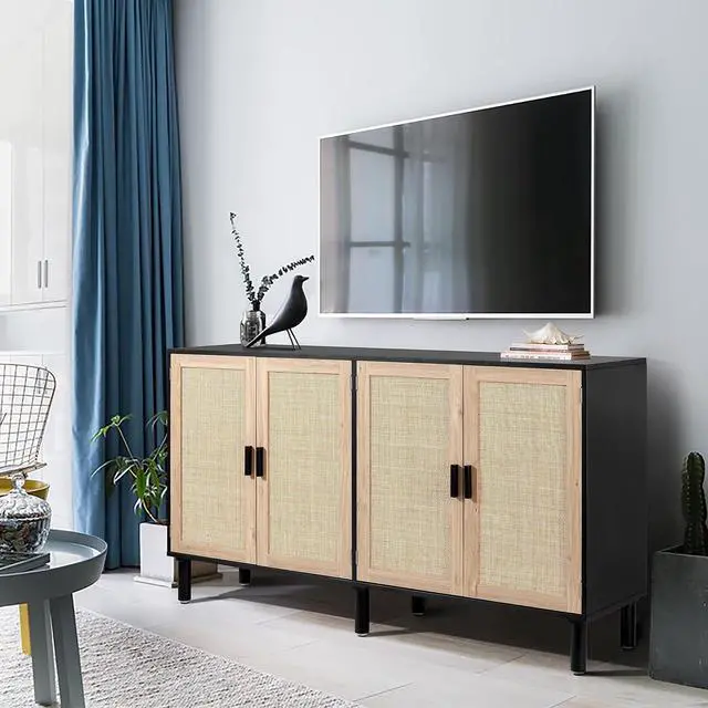 Alt view image 5 of 6 - Finnhomy 4 Door Sideboard Buffet Cabinet, Kitchen Storage Cabinet with Rattan Decorated Doors, Cupboard Console Table, Boho Accent Liquor Cabinet, Bar Cabient, 62.3X 15.7X 34.6 Inches, Black